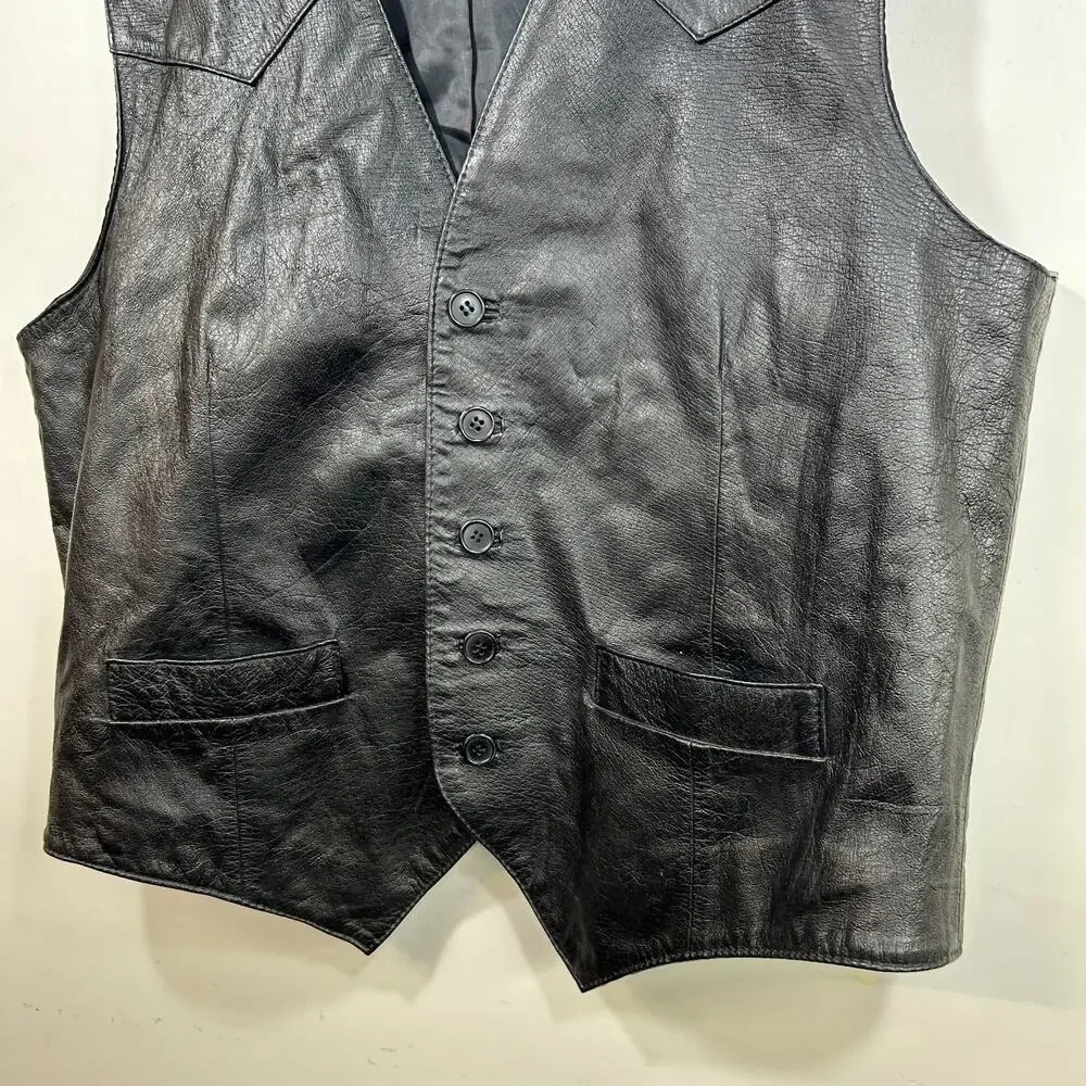 Vintage Vichen Of USA Black 100% Leather Men’s Vest Size L Western Yoke Biker